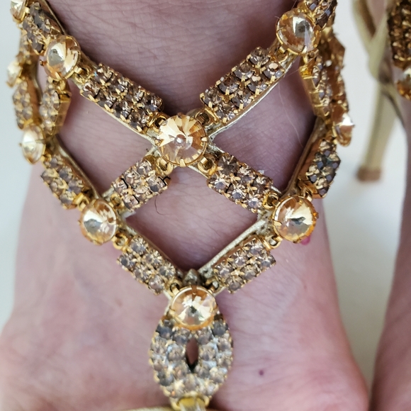 Gold Leather & Rhinestone lace up heel sandles - Picture 15 of 16